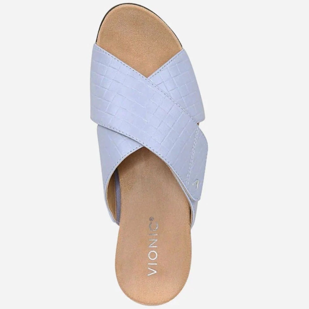NIB Vionic Leticia Leather & Jute Wedge Slide Sandals Blue - Picture 2 of 8